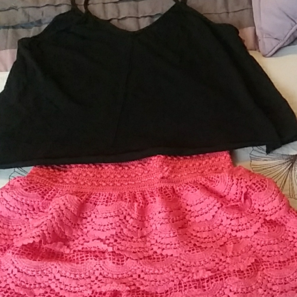 Black top with coral shorts